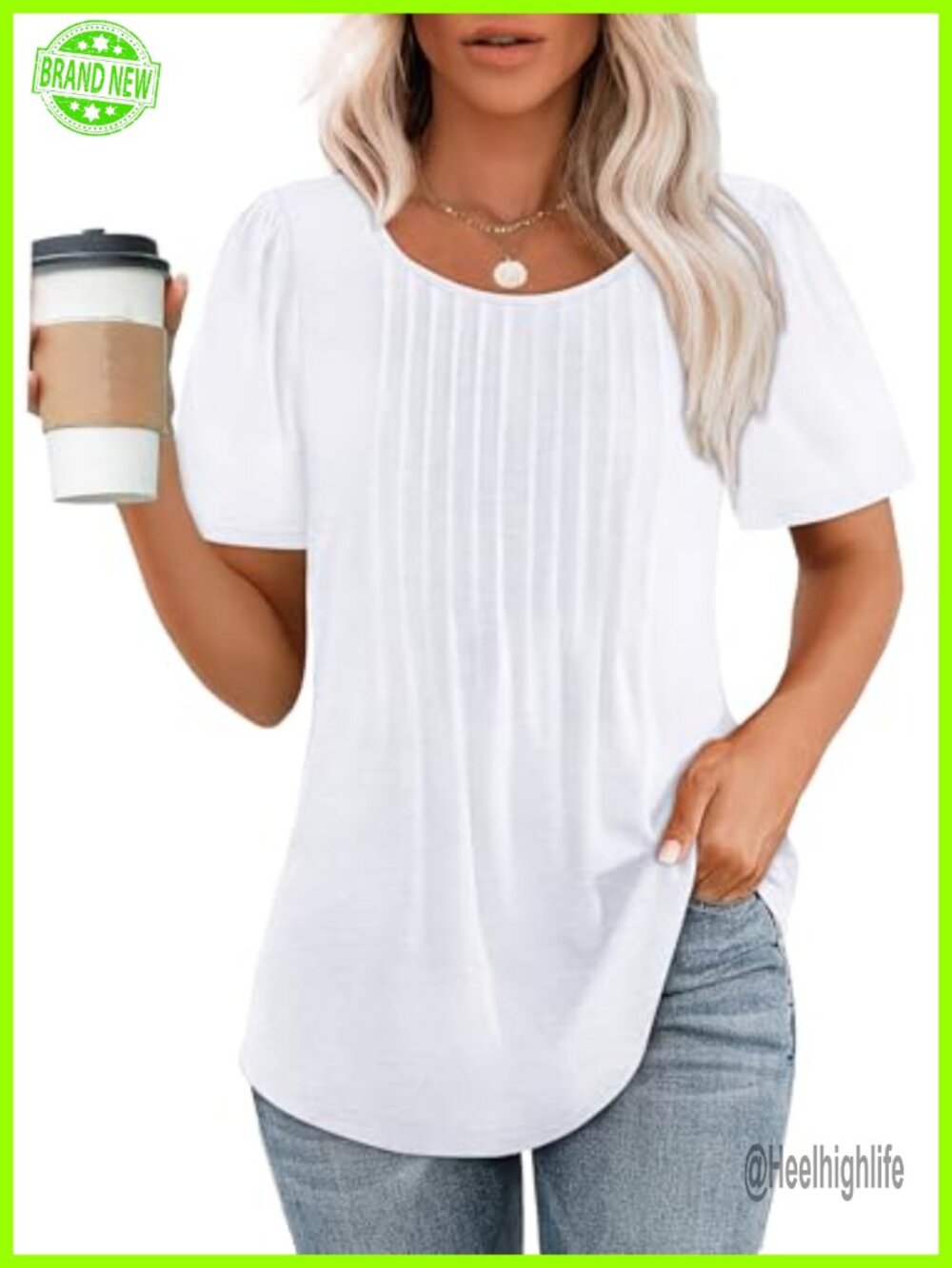 Womens Pleated Scoop Neck Short Sleeve Loose Fit Tunic T-Shirt Summer Top